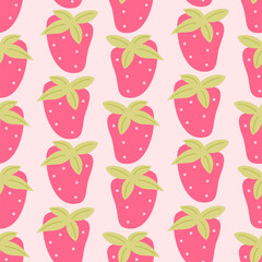 cute lovely hand drawn pink strawberries with green leaves seamless vector pattern background illustration	