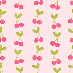 cute lovely hand drawn pink cherries with green leaves seamless vector pattern background illustration