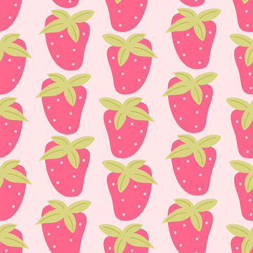 cute lovely hand drawn pink strawberries with green leaves seamless vector pattern background illustration	