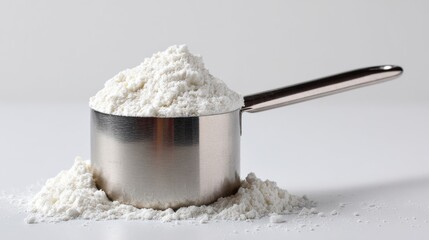 A 4K photo of white flour in measuring cup on white background for baking.