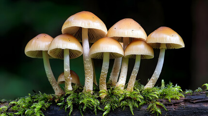Fototapeta premium Cluster Of Small Light Brown Mushrooms On Forest Floor