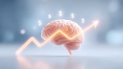 A human brain with a rising arrow and dollar signs, symbolizing financial growth, intelligence, and economic success.