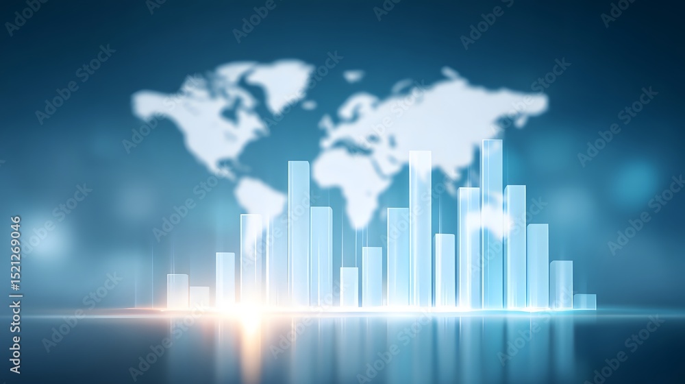 Poster a glowing bar chart in front of a blurred world map, symbolizing global data, analytics, and statist