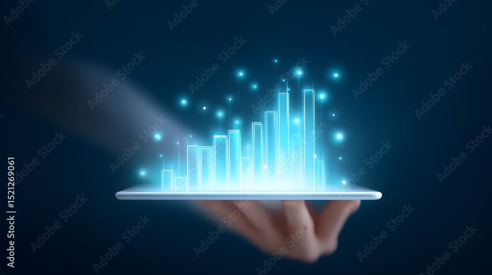 Poster a glowing digital bar graph hovers above a tablet held by a hand, symbolizing data analytics and tec