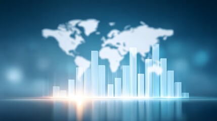 A glowing bar chart in front of a blurred world map, symbolizing global data, analytics, and statistics.