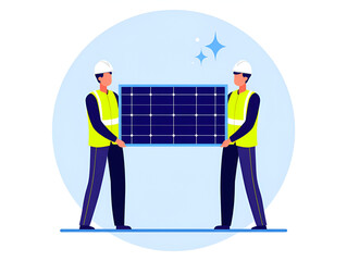 Two Workers Installing Solar Panel - Renewable Energy and Clean Power Concept, Two engineers in safety uniforms inspecting and selecting a clean high efficiency solar panel before rooftop installation