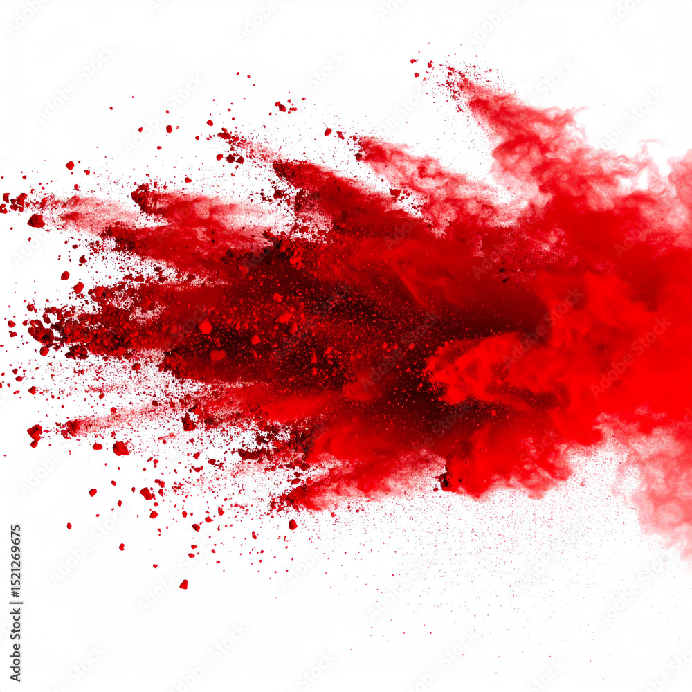 Poster bright red powder explosion captured on white background, showing dynamic motion and fine particles 