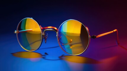 artistic professional photo of round sunglasses with golden frame on colorful reflective surface, perfect lighting, realistic and cinematic style