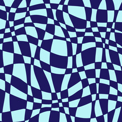 Blue and White Optical Illusion Pattern with Distorted Checkered Grid 