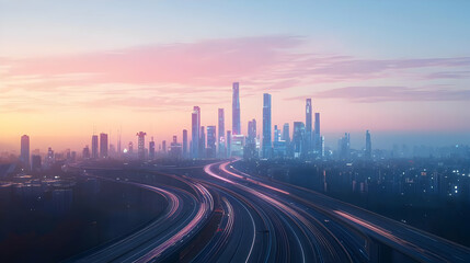 Aerial View Of Futuristic City Skyline At Sunset