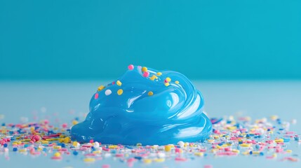 artistic professional photo of shiny metallic blue slime bursting with confetti over a cyan backdrop, perfect lighting, realistic and cinematic style