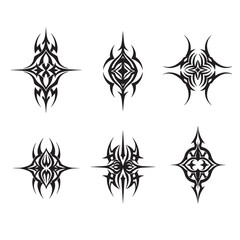 Set of six intricate black tribal tattoo designs with geometric and abstract silhouette elements on white background