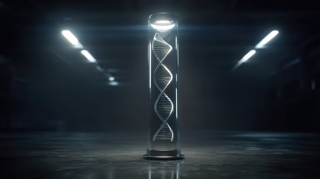 artistic professional photo of shiny DNA helix standing vertically in glass tube, perfect lighting, realistic and cinematic style