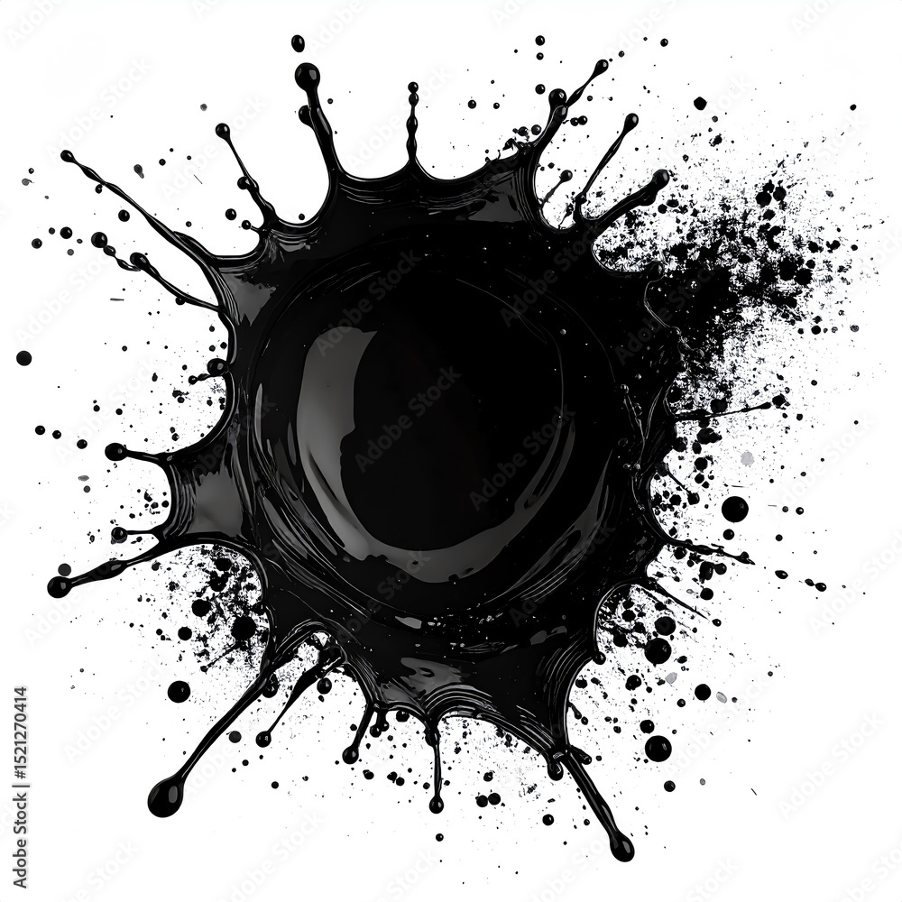 Poster black ink splash with droplets spreading outward on a white background, creating an abstract and dyn