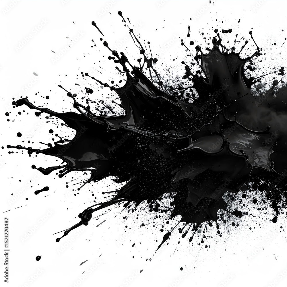 Poster black paint splashes dynamically on a white background, creating an abstract, high-contrast visual w