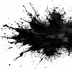 Black paint splashes dynamically on a white background, creating an abstract, high-contrast visual with varying droplet sizes and fluid motion