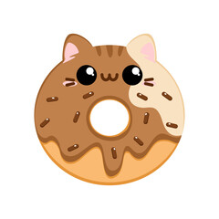 Słodki kawaii pączek w kształcie kota z polewą o smaku toffi - urocza ilustracja wektorowa.