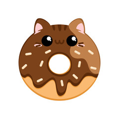 Słodki kawaii pączek w kształcie kota z czekoladową polewą - urocza ilustracja wektorowa.