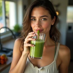 Woman Drinking Green Smoothie with Reusable Straw in Kitchen