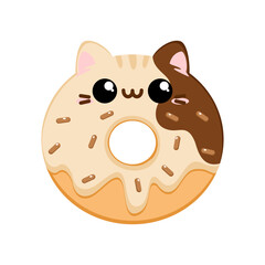 Słodki kawaii pączek w kształcie kota z białą czekoladą - urocza ilustracja wektorowa.