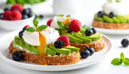 Avocado toast with poached egg and berries, a flavorful gourmet breakfast