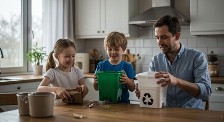 A family separating recyclables at home, teaching kids about sustainability, cozy kitchen setting