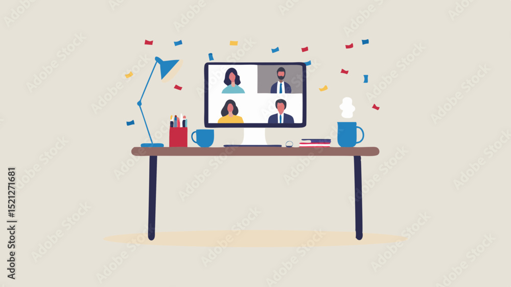 Aufkleber a computer screen displays a video call on a desk with a lamp and coffee mugs and confetti around it