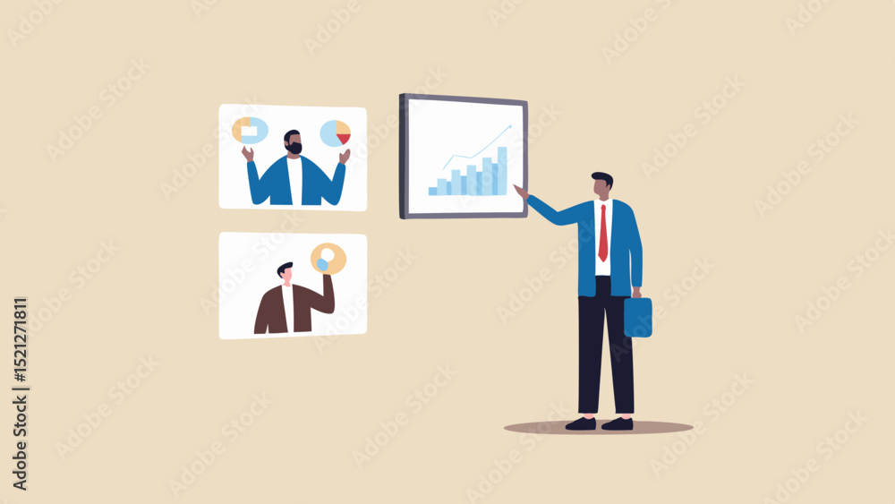 Poster businessman presenting data charts and graphs during a business meeting or presentation setting in o