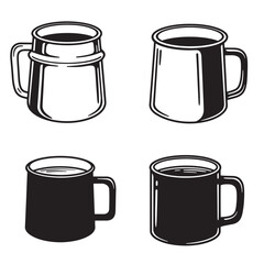 Four stylish coffee mugs illustration black and white silhouette vector graphic