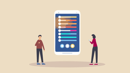 People standing near a large smartphone displaying a progress bar interface with multiple sliders