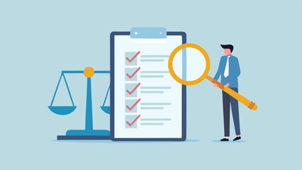 Illustration of a man inspecting a checklist with a magnifying glass next to a scale of justice