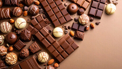 Chocolate Paradise: A delectable assortment of chocolates, including truffles, bars, and chocolate pieces, artfully arranged, inviting indulgence.