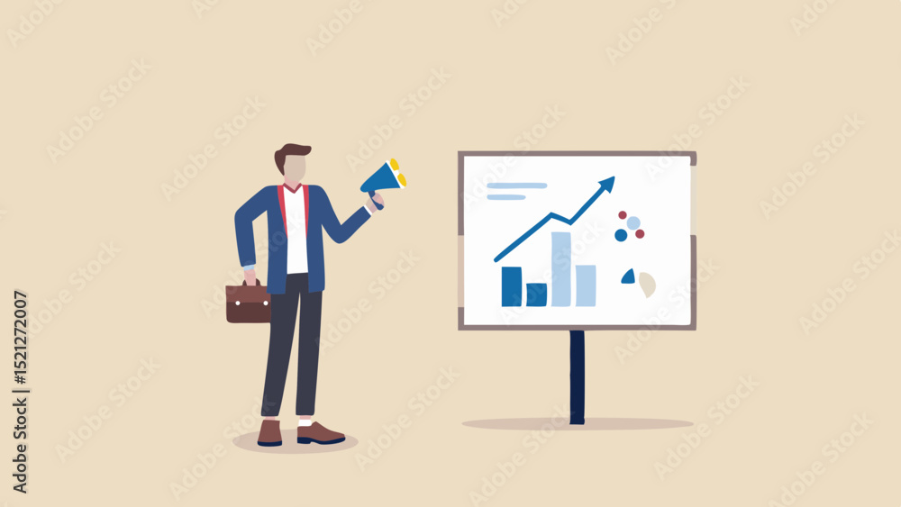 Aufkleber man presenting data on a whiteboard with a graph and holding a megaphone for announcement purpose