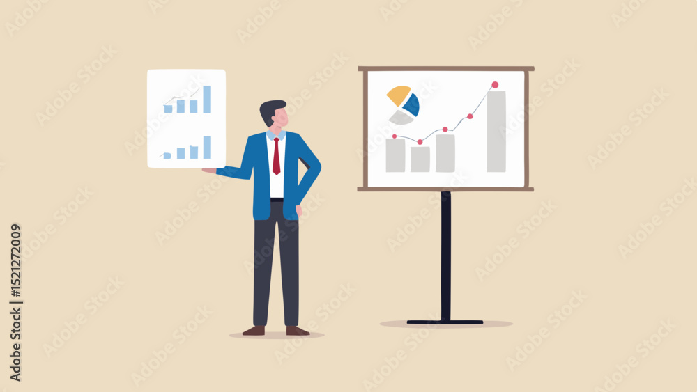 Poster man in suit presenting charts and graphs on a whiteboard and a document with business data shown