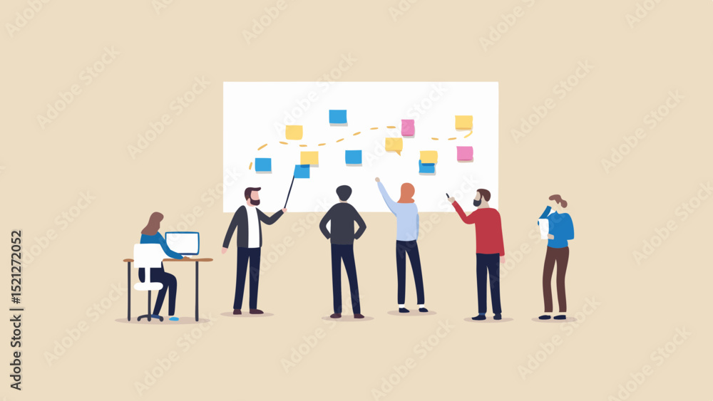Poster team collaboration with sticky notes on a board during a brainstorming session in the office space
