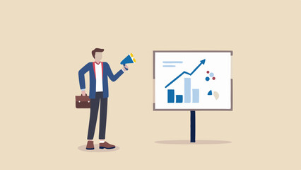 Fototapeta premium Man presenting data on a whiteboard with a graph and holding a megaphone for announcement purpose