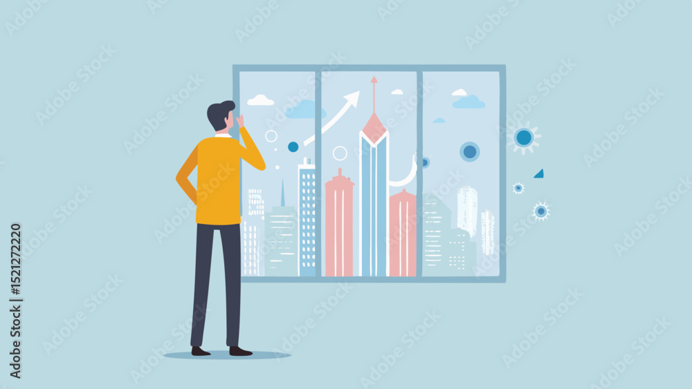 Poster man looking at city skyline through window with arrows and floating spheres in a light blue setting