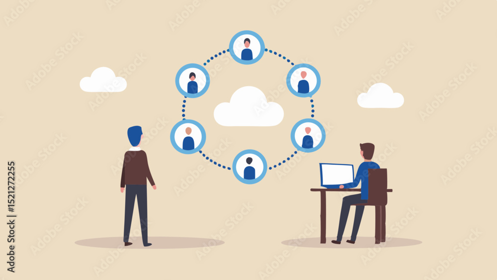 Poster people connected in a circle around a cloud with two people working on either side of it