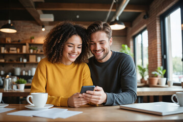 Fototapeta premium Young Couple Using Smartphone in Cafe – Smiling Man and Woman Shopping Online Together for E-Commerce, Digital Lifestyle, and Social Media Content