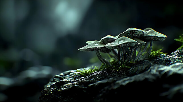 Closeup of Dark Forest Fungi on Rocks