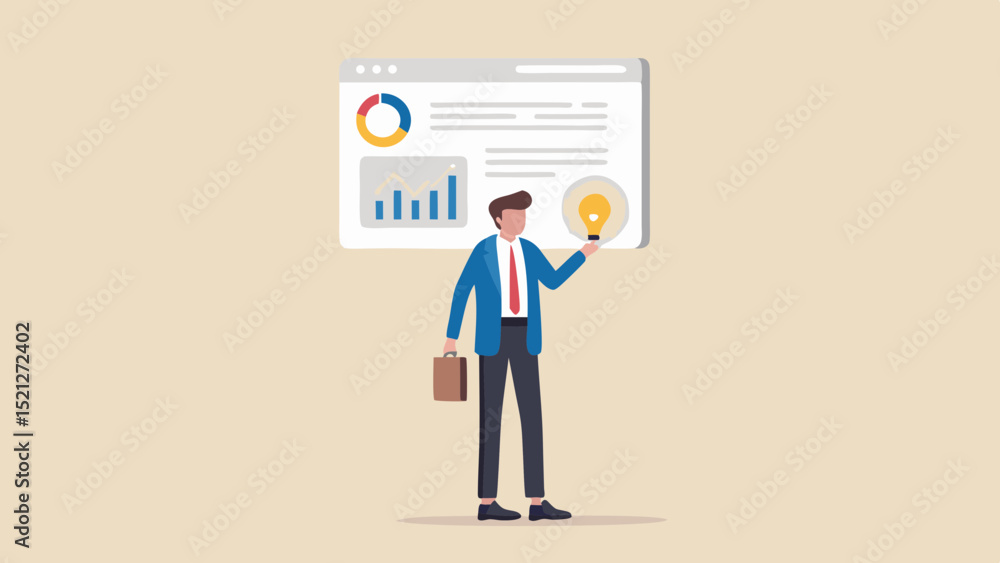 Poster businessman holding lightbulb in front of dashboard with charts and graphs on a light tan background