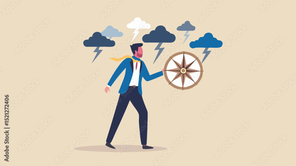 Poster man navigates through storm clouds holding a compass for direction and guidance in a beige scene