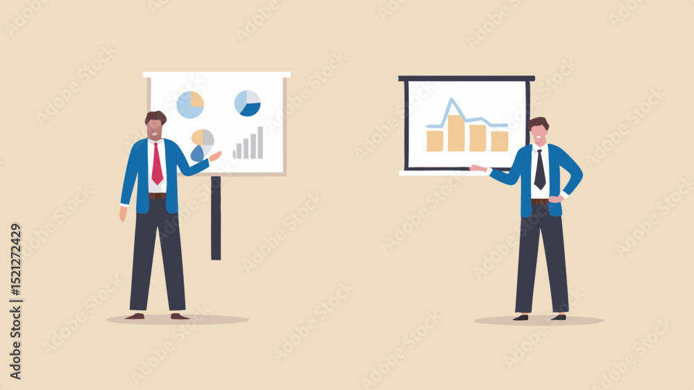 Poster two business men presenting data on whiteboards with charts and graphs in a light brown setting