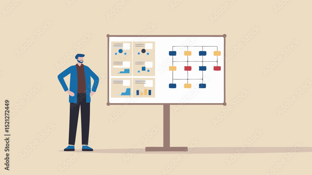Poster man presenting charts and a diagram on a whiteboard in a presentation setting at the office space