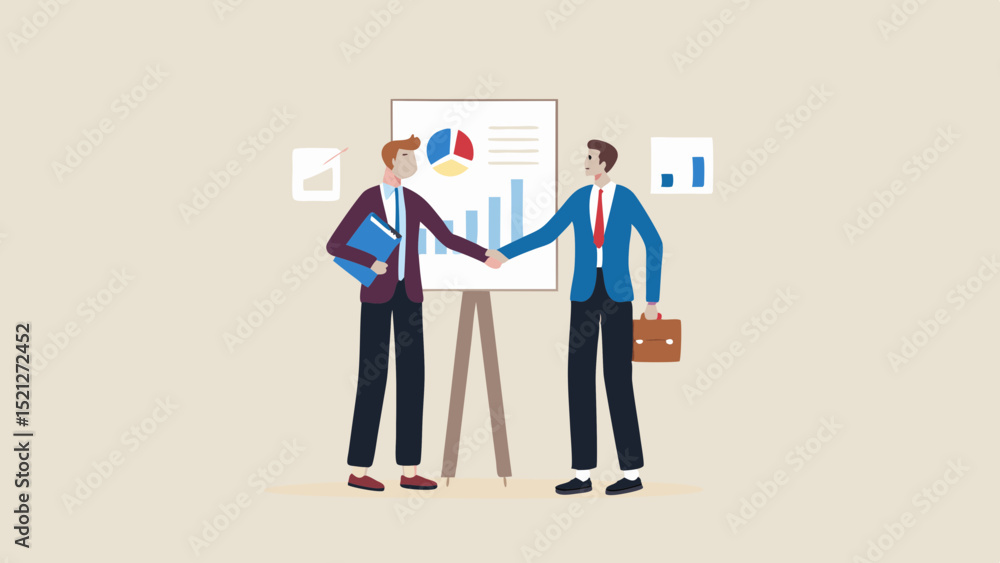 Aufkleber two businessmen shaking hands in front of a presentation board with charts and graphs displayed on i