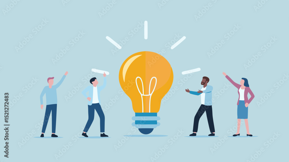 Poster people standing around a large lightbulb with rays emanating from it on a light blue background desi