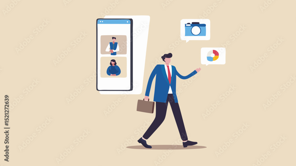 Aufkleber man in suit walking with briefcase next to video call and icons representing data and photography
