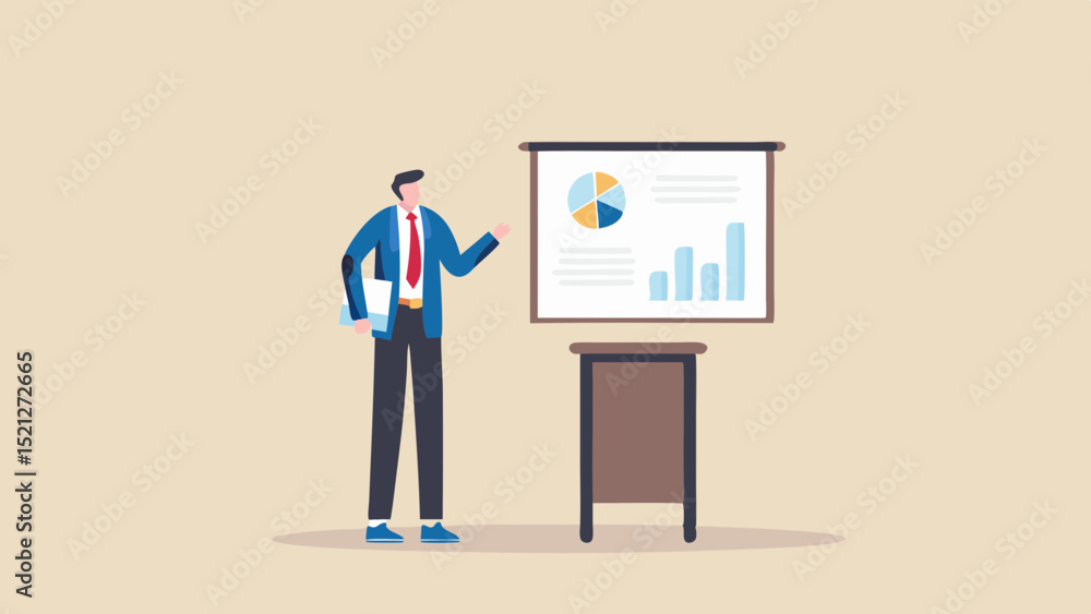 Poster man in suit presenting a pie chart and bar graph on a screen with a small table nearby in a light ro
