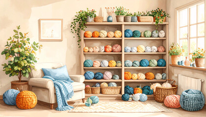 Cozy Crafting Corner: A tranquil room bathed in soft, natural light, showcasing shelves brimming with colorful yarn balls, creating an inviting space for crafting, relaxation, and creative expression.
