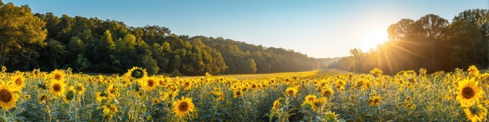 Obraz premium artistic professional photo of wide sunflower field at sunset with golden glow